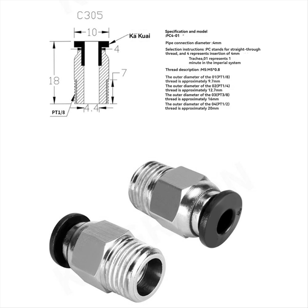 Ptfe Tube - 【A60I】 Conector Neumático Recto Macho PC4-M10
